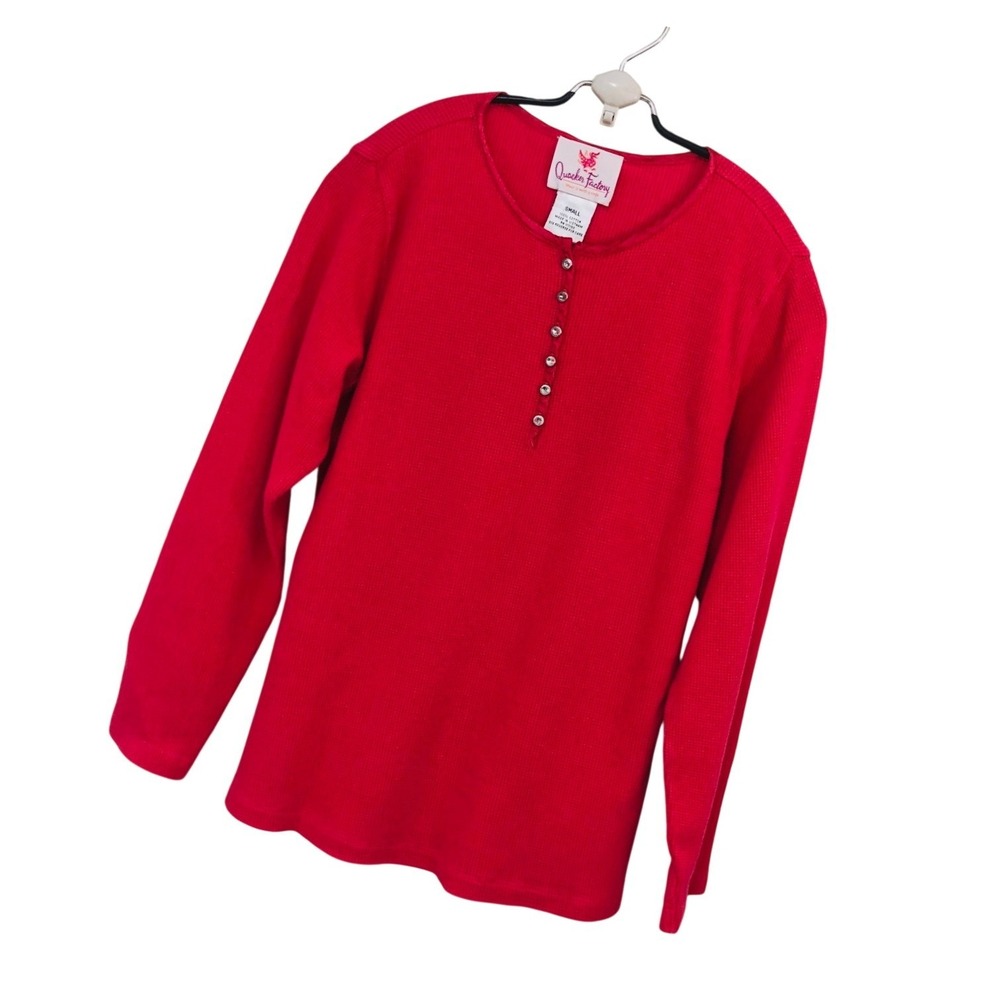 Quacker Factory Henley Thermal Waffle Knit Top Rhinestone Layering Pink Womens S